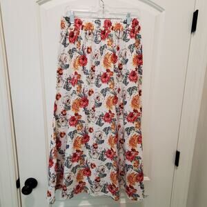 Kaktus Skirt Linen Blend Size Medium White W/ Floral Soft Elastic Waist Pockets